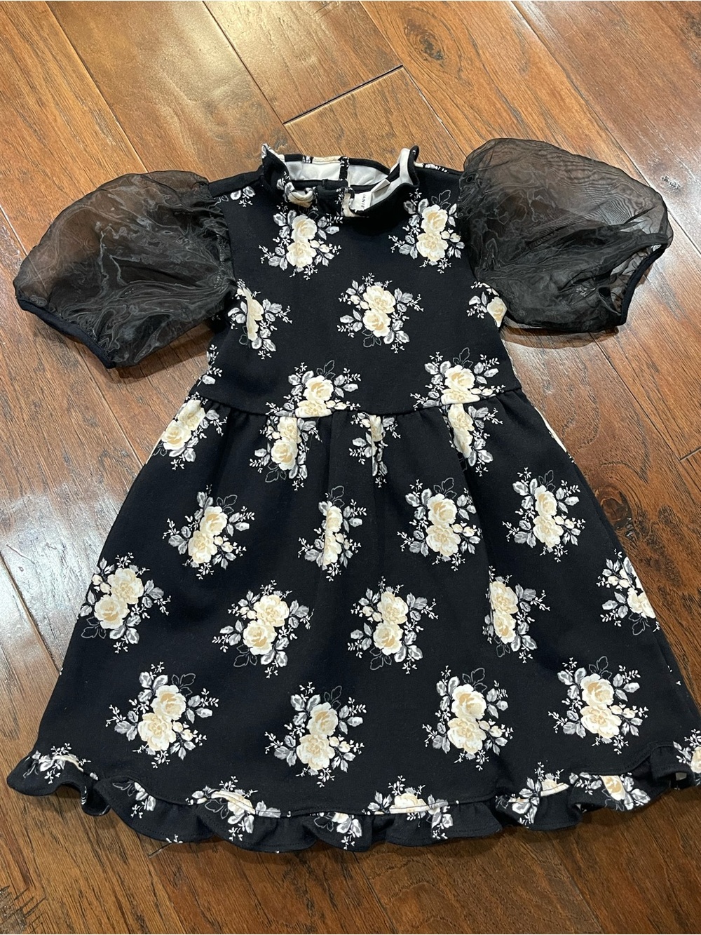 Janie and Jack Black Dress with Cream Floral Print and Sheer Puff Sleeves
